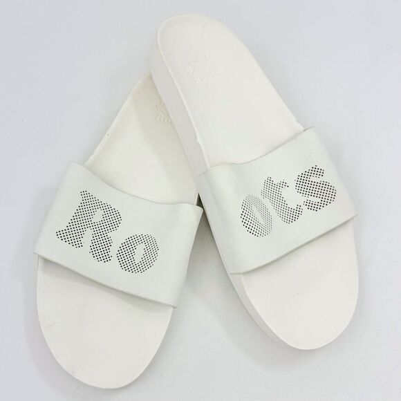 ROOTS Long Beach Pool Slide in White Perforated Spellout - Picture 4 of 11